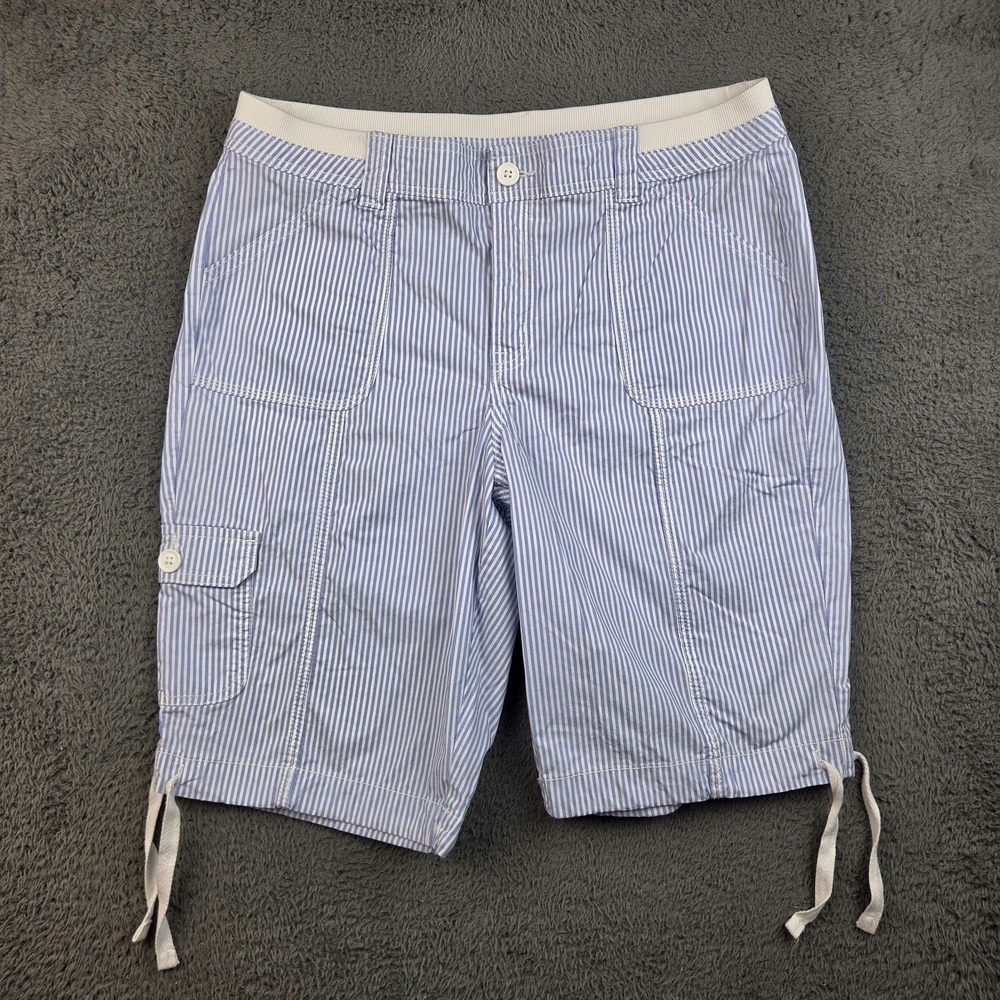 St John's Bay Women's Cargo Shorts 12 Bermuda Blue White Stripe Stretch Utility
